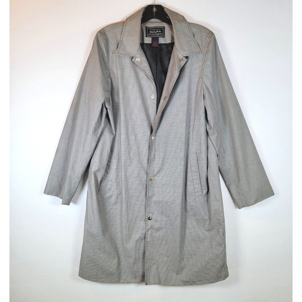 Ralph Lauren Womens Trench Coat Vintage Houndstooth Snap Size Large Black White